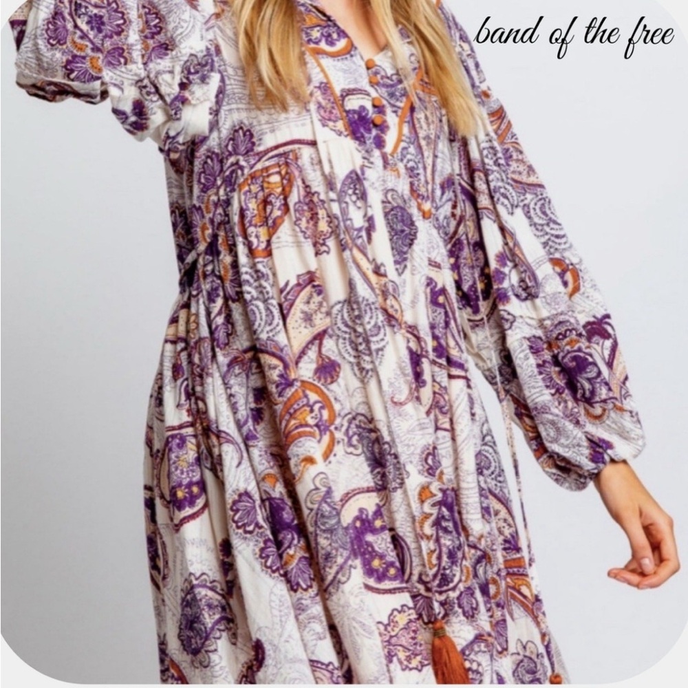 Band of the Free Purple and Orange Paisley Long Sleeve Dress